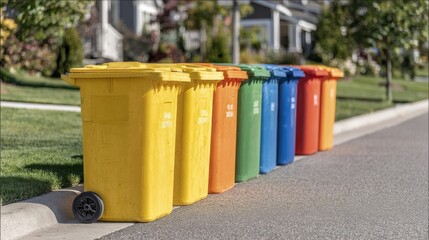 Colorful Recycling Bins Lined Up On Suburban Street. Promoting Environmental Awareness And Waste Management
