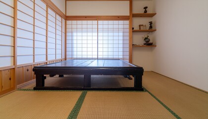 Traditional Japanese Tatami Room with Low Wooden Platform Bed