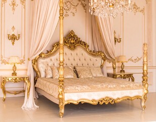 Opulent Four-Poster Bed with Gold Detailing in Luxurious Bedroom