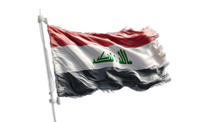 A vibrant iraqi flag waves proudly against a stark black backdrop on a clear day in the open air