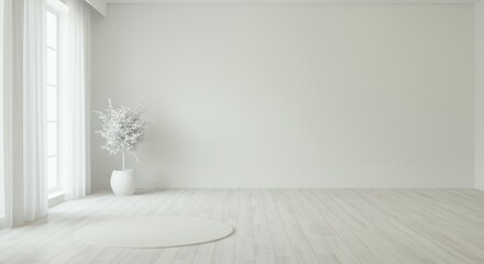 Minimalist empty white room interior with wooden floor, large windows and small potted plant, modern Scandinavian home design concept