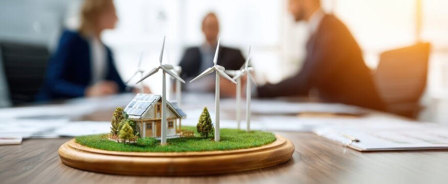 The miniature eco house model with wind turbines and solar panels on conference table