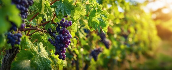 The Grapes on a Sunlit Vineyard Vine with Dewy Leaves and Warm Golden Light