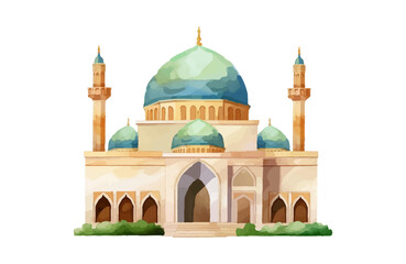 Watercolor mosque design evokes peace and spirituality, perfect for Ramadan greetings, Islamic art projects, or cultural event promotions worldwide