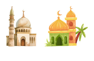 Celebrate Ramadan with these watercolor mosque illustrations, perfect for adding a traditional yet modern touch to your greetings and festive designs