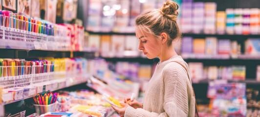 The woman selecting colorful stationery pens and school supplies in a bright retail aisle