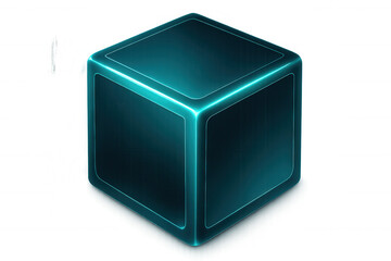 Glowing turquoise-edged dark blue geometric cube rendering, showcasing technological minimalism against transparent backdrop
