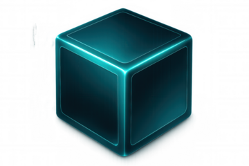 Glowing turquoise-edged dark blue geometric cube rendering, showcasing technological minimalism against transparent backdrop