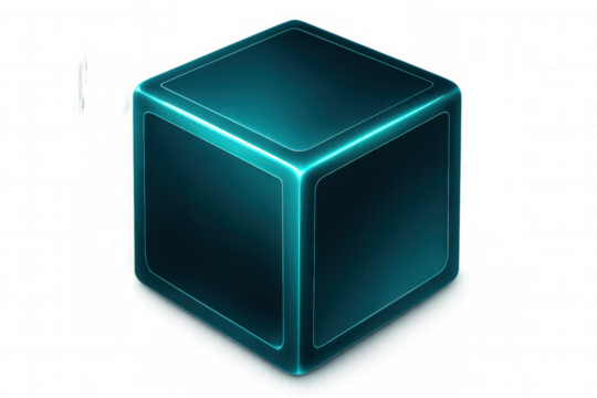 Glowing turquoise-edged dark blue geometric cube rendering, showcasing technological minimalism against transparent backdrop - Powered by Adobe