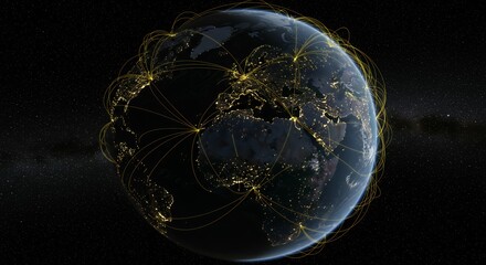 Earth from space with illuminated network connections showing global communication and data flow patterns across continents
