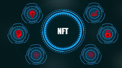 Digital NFT concept with glowing icons and central text on dark background non-fungible token digital art . 4k video - Powered by Adobe