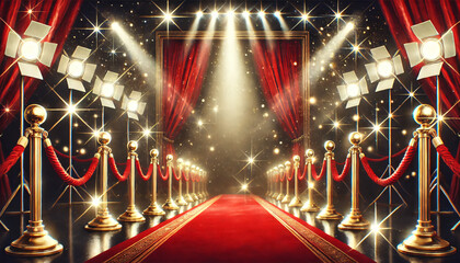 Dazzling red carpet entrance framed by golden stanchions and red velvet ropes under intense studio lighting. Bright spotlights, glittering reflections, and rich red curtains
