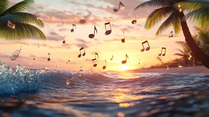 A summer concert with an abstract backdrop of palm trees and music notes creates an audio experience