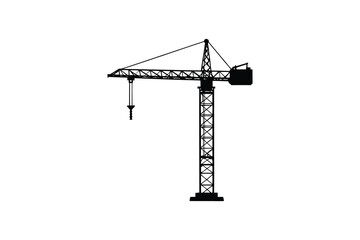 A black silhouette of a construction crane on a white background
