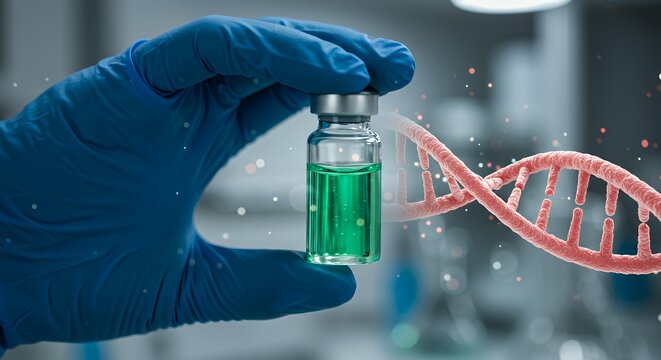 Medical professional holding green biotechnology vial with DNA helix particles floating in sterile laboratory environment for genetic research - Powered by Adobe