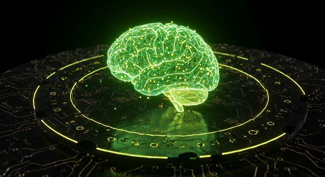 Vibrant green brain hologram with yellow neural pathways on illuminated tech platform showcasing advanced neurotechnology and machine learning concepts