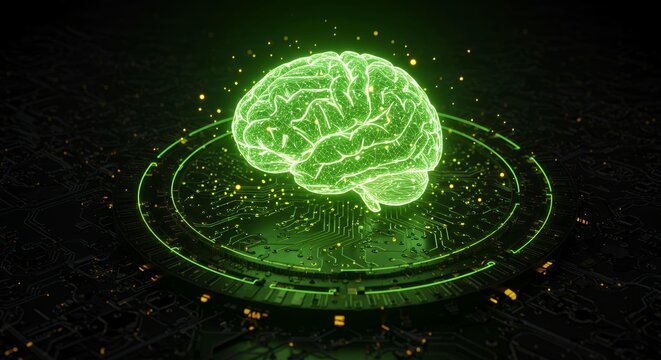 Emerald brain visualization with intricate neural network on circular digital interface displaying cutting-edge artificial intelligence and cognitive computing
