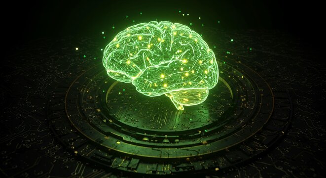 Glowing green brain hologram with detailed neural connections floating on high-tech platform representing advanced AI research and neuroscience innovation