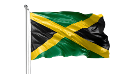 A jamaican flag waving on a silver flagpole against a black background in a studio setting