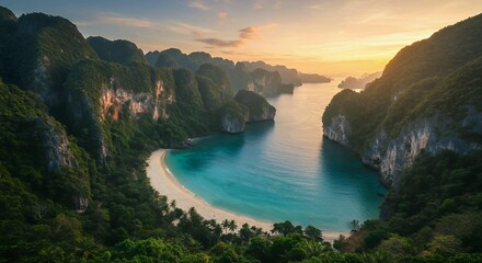 Breathtaking tropical paradise beach with emerald waters framed by dramatic limestone cliffs during golden sunset hour