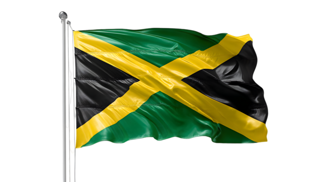 A jamaican flag waving on a silver flagpole against a black background in a studio setting