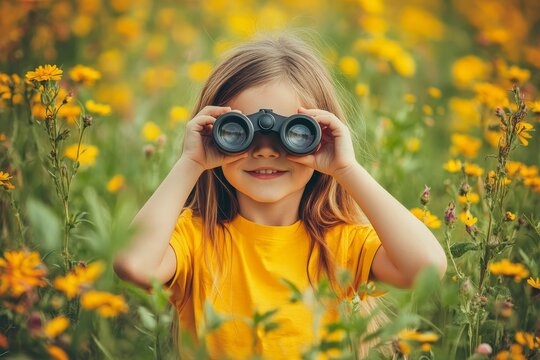 The photograph shows a child using binoculars to observe a field, exemplifying the curiosity and sense of adventure that defines childhood and the desire to learn about the environment