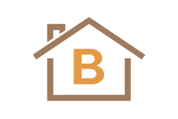 Modern minimalist house icon with letter b inside on a black background