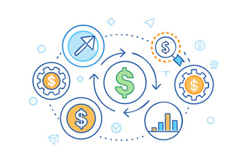 Digital financial technology network with glowing dollar signs and cryptocurrency icons