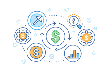 Digital financial technology network with glowing dollar signs and cryptocurrency icons