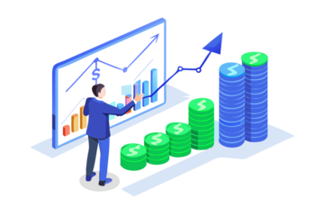 Businessperson analyzing financial growth chart with stacks of coins and upward trend arrow