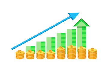 Financial growth represented by rising green bars and stacks of gold coins with an upward trending arrow