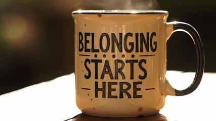 Inspirational Coffee Mug with Belonging Starts Here Message in Warm Light