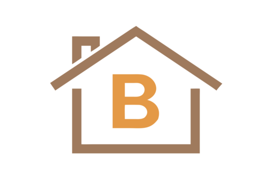 Modern minimalist house icon with letter b inside on a black background