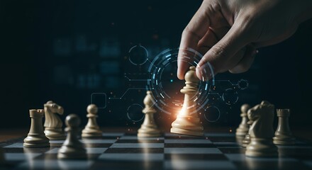 Advanced business intelligence concept featuring hand manipulating chess king with complex digital interface overlay and interconnected data visualization elements
