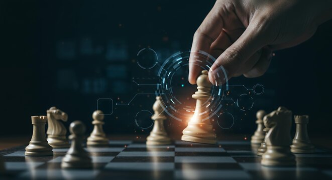 Advanced business intelligence concept featuring hand manipulating chess king with complex digital interface overlay and interconnected data visualization elements