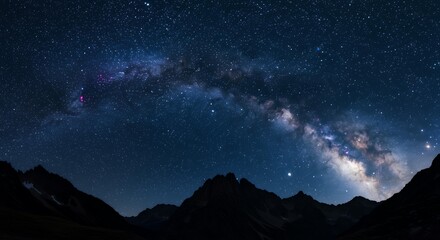 Stunning Milky Way galaxy rising over dramatic mountain silhouettes at night, perfect for astronomy and landscape photography projects
