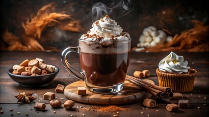 Steaming Hot Chocolate with Whipped Cream, Cinnamon Sticks, and Gourmet Treats: Cozy Autumn Indulgence