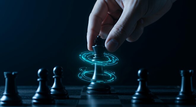 Strategic leadership and business intelligence represented by hand controlling chess king with multi-layered glowing digital hologram interface technology