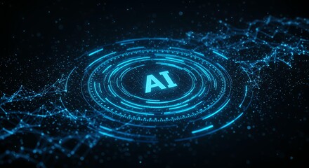 Dynamic AI artificial intelligence visualization with swirling blue energy patterns and holographic interface elements on dark tech background