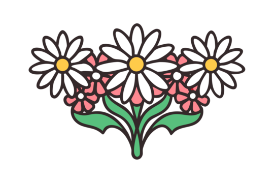 Stylized bouquet of dark flowers with pink accents and green leaves on a black background