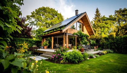 Modern Eco-Friendly Home with Solar Panels, Lush Garden, and Tranquil Outdoor Space