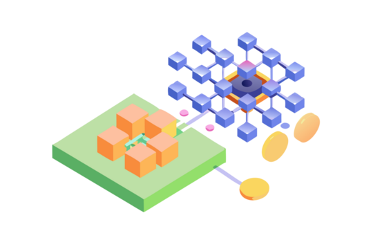 Abstract representation of data processing and artificial intelligence with interconnected nodes and cubes