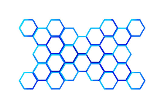 Abstract glowing blue and green hexagonal grid pattern on a dark background