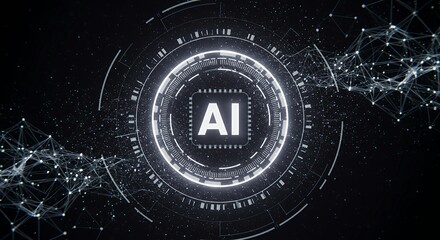 Advanced AI microprocessor chip with white holographic interface and circular HUD elements for artificial intelligence technology marketing