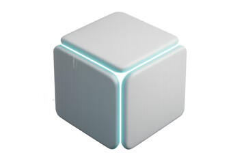 Futuristic white cube glowing with turquoise light on transparent background, perfect for technology or abstract designs