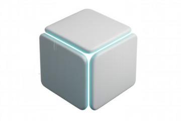 Futuristic white cube glowing with turquoise light on transparent background, perfect for technology or abstract designs