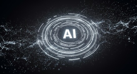 Elegant artificial intelligence holographic display with white concentric circles and particle network effects for premium tech branding