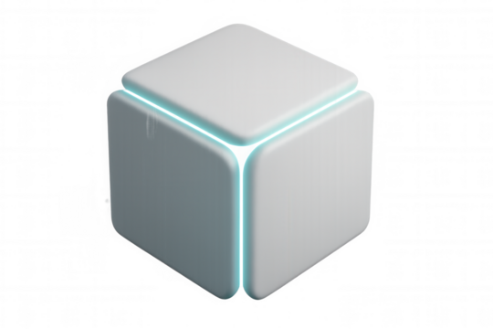 Futuristic white cube glowing with turquoise light on transparent background, perfect for technology or abstract designs