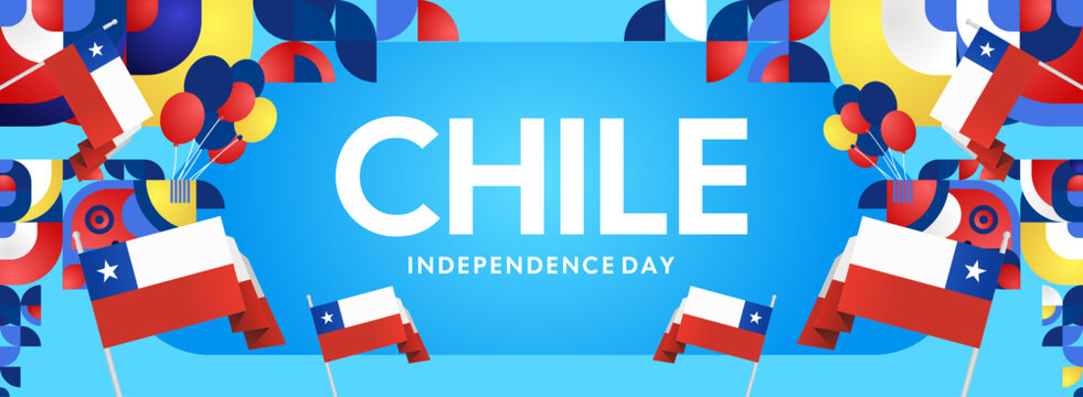 Horizontal Chile Independence Day template with national flag, geometric ornaments, and festive colors. Ideal for banners, posters, web header, promotions, and event campaigns. Happy national day