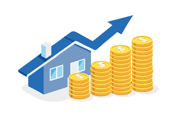 Real estate investment growth with rising house prices and stacks of gold coins